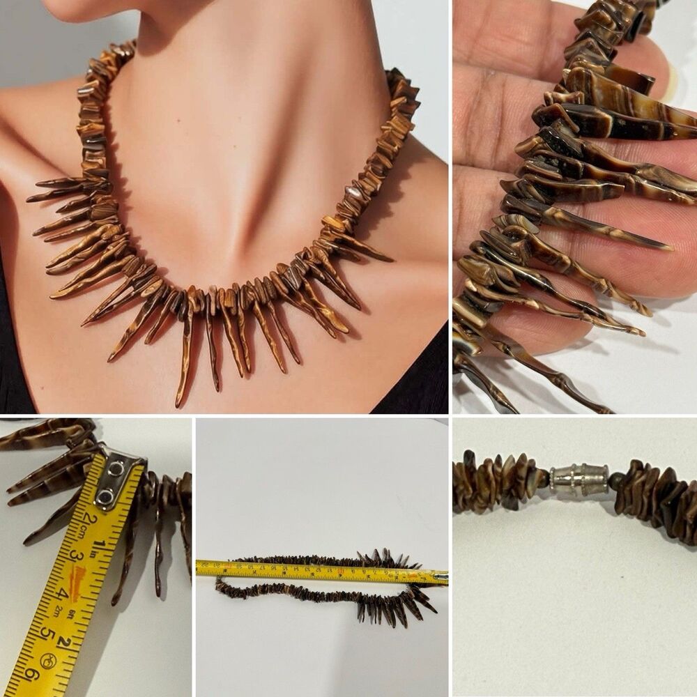 Vintage Tiger Eye Stone Spike Necklace Brown Chip Bead Tribal Boho Statement - Picture 14 of 16